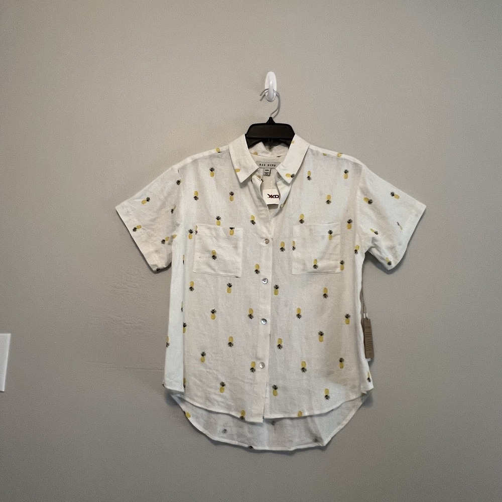 NWT Rae Dunn Shirt Size M Women's Linen Pineapple Print Button Coastal Beach